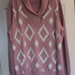 NWT Liz Clairborne Dusty Pink White  Tan Diamond Pattern Women's Sweater 3X